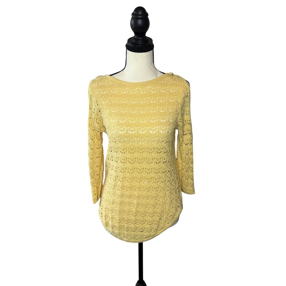 Jeanne Pierre Yellow Open Knit Boat Neck Cotton Sweater Women's M